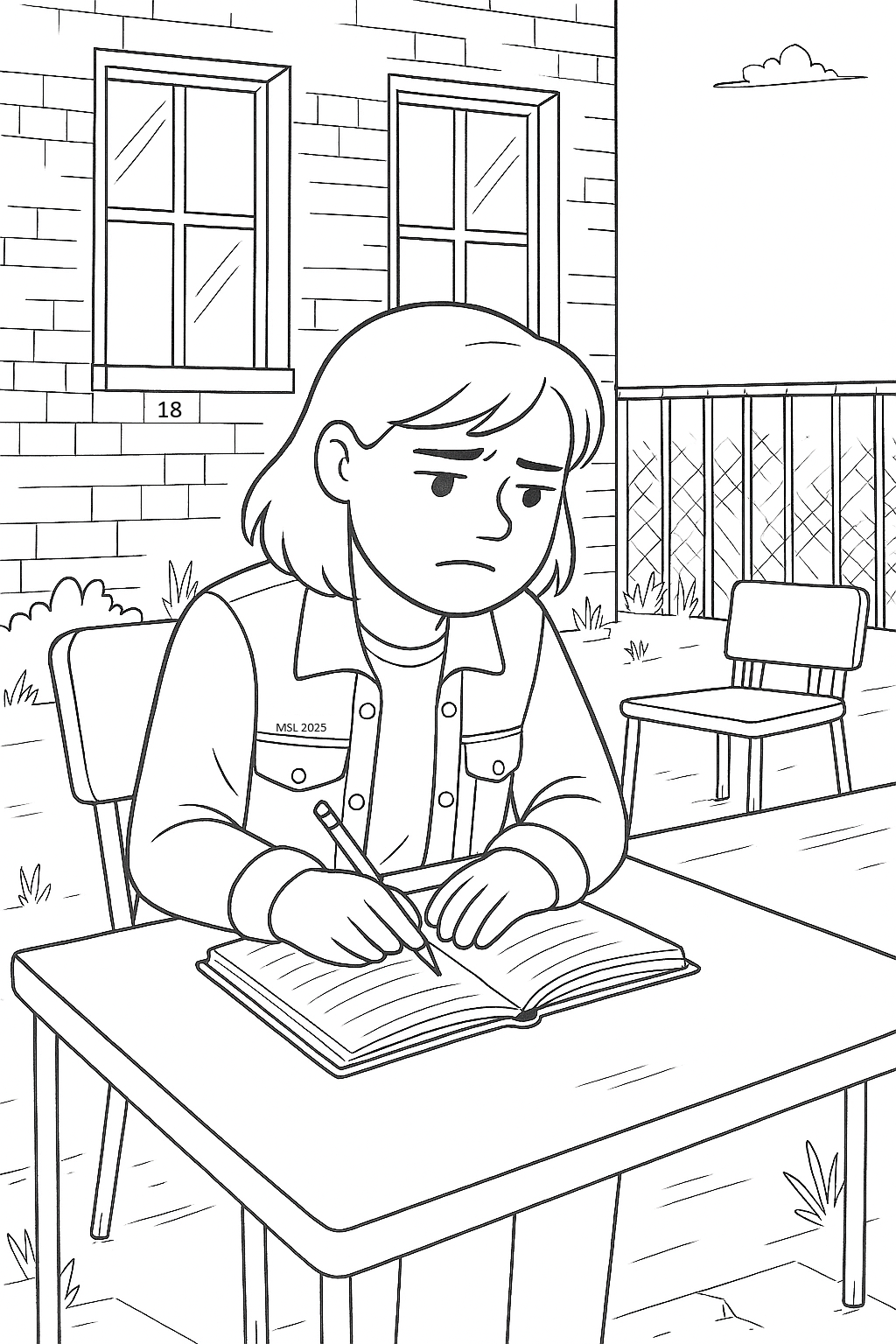 Madie sitting outside writing in her journal